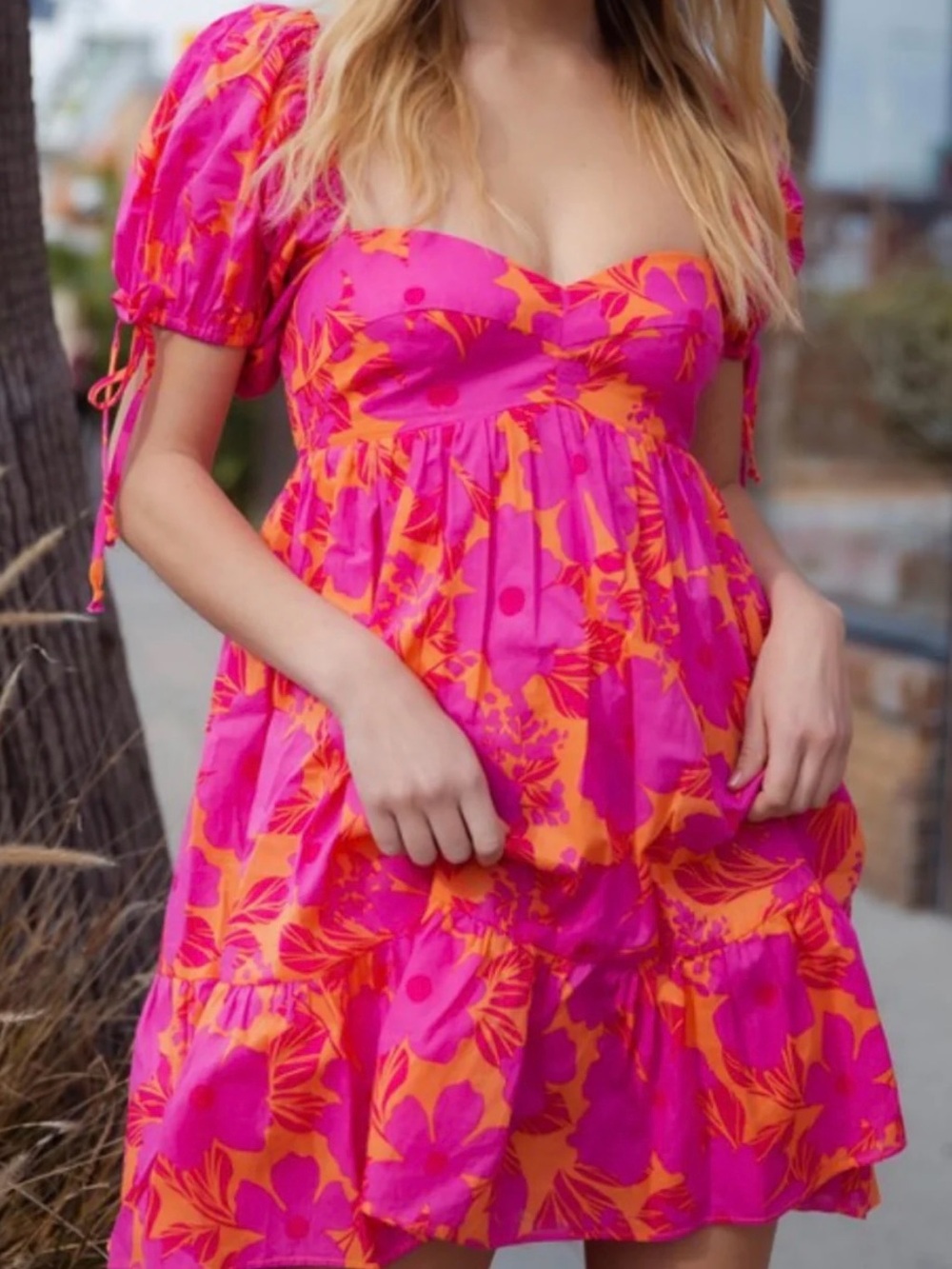 Olivaceous Hot Pink & Orange Floral Mini Dress with Puff Sleeves